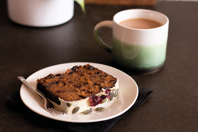 Winter Spiced Fruit Loaf with tea